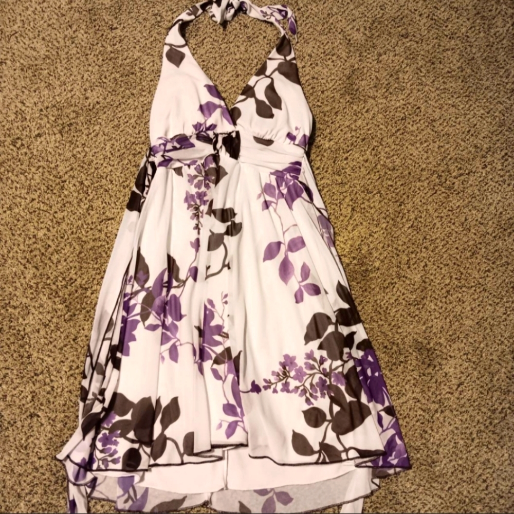 White dress with purple and brown floral print